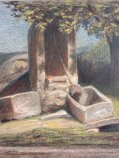 Beau dessin ancien paysage romantique à la fontaine arboré en été pastel 1863