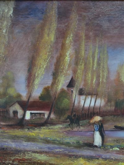 Beau tableau ancien paysage animé cavaliers couple ombrelle R.J Bizet n°1