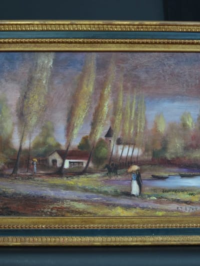Beau tableau ancien paysage animé cavaliers couple ombrelle R.J Bizet n°1