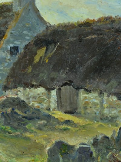 Tableau ancien paysage ferme chaumière bretonne Gaston Guignard HSP cadre
