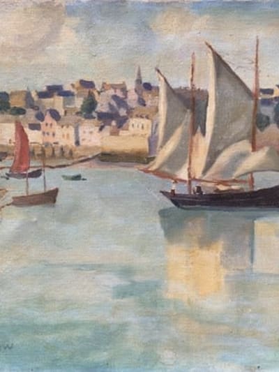 Tableau ancien port bateau marine Bretagne Normandie anglais Mary Ludlow 1900