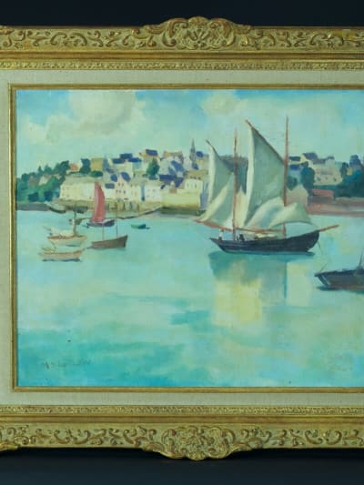 Tableau ancien port bateau marine Bretagne Normandie anglais Mary Ludlow 1900