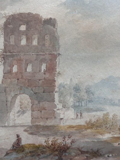 Ancien dessin paysage animée ruines Italie Grand Tour Rome Naples signé Brune