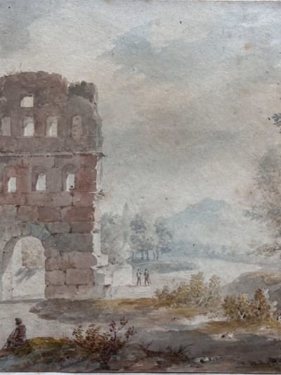Ancien dessin paysage animée ruines Italie Grand Tour Rome Naples signé Brune