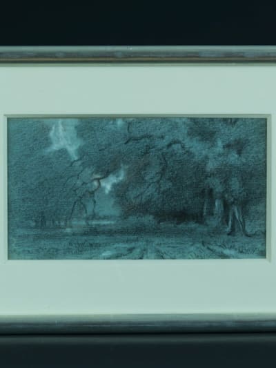 Ancien dessin paysage forêt Barbizon Fontainebleau Brunet Houard XIXe