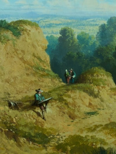 Ancien tableau paysage portrait peintre au travail plein air Louis Thomas XIXe