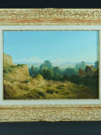 Ancien tableau paysage portrait peintre au travail plein air Louis Thomas XIXe