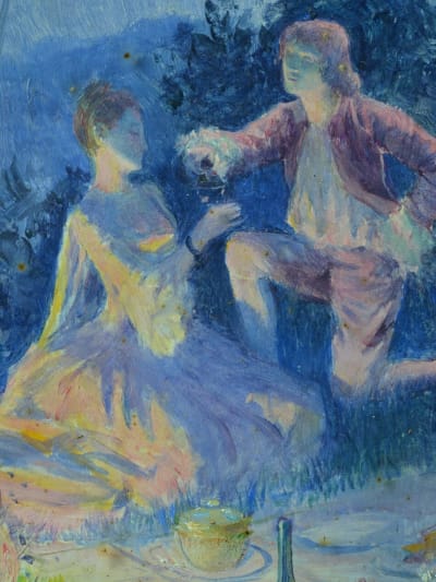 Ancien tableau Rochegrosse portrait diner couple champagne romantique nuit XIXe