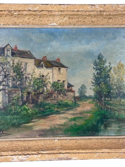 Beau tableau ancien vue de rue propriété village signé Marie Sourice Anjou Loire