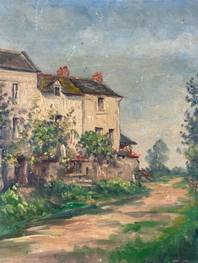 Beau tableau ancien vue de rue propriété village signé Marie Sourice Anjou Loire