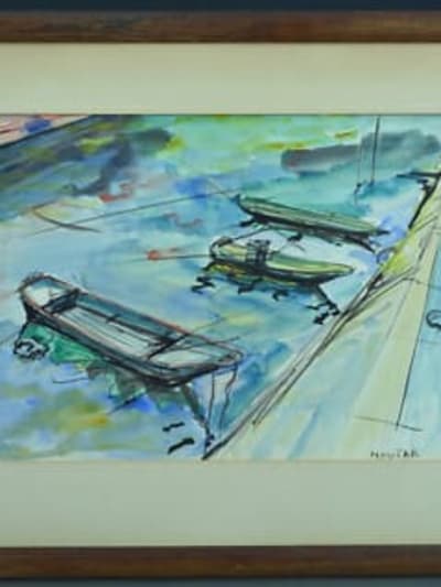 Tableau ancien marine bateaux au port gr. de L'échelle Paris J. L. Calmettes