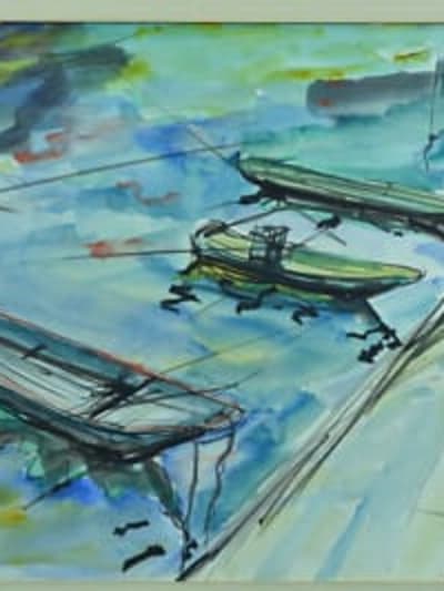 Tableau ancien marine bateaux au port gr. de L'échelle Paris J. L. Calmettes