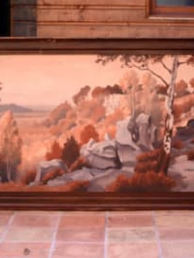 Tableau ancien panorama paysage forêt Nemours Fontainebleau HST Léo François