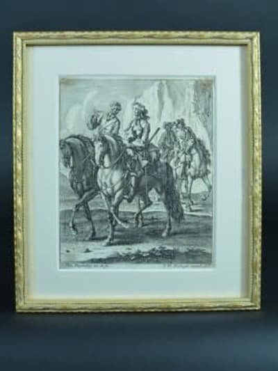 Belle gravure ancienne 17e chevaux cavalier Rugendas Riginder Augsburg engraving