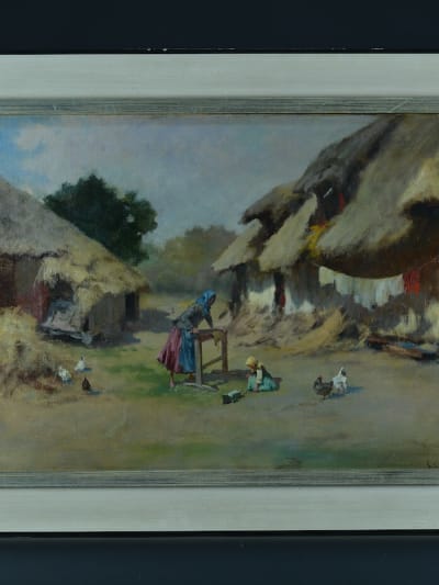 Beau tableau ancien ferme normande animée fillette jouet poule signé Couturier