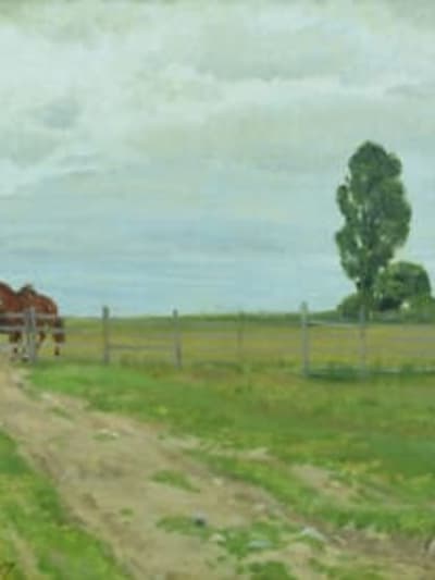 Tableau ancien signé Joakim Skovgaard chevaux dans un paysage 19ème Danemark