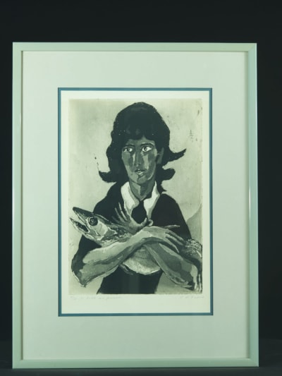Christian d'Espic rare gravure portrait de jeune fille au poisson Villon 1950