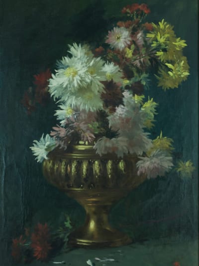 Grand tableau ancien Alexandre Serres Toulouse nature morte vase Dahlia œillets
