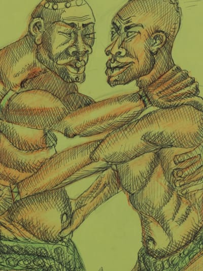 Beau dessin moderne portrait scène africaniste les lutteurs homme signé Salvador
