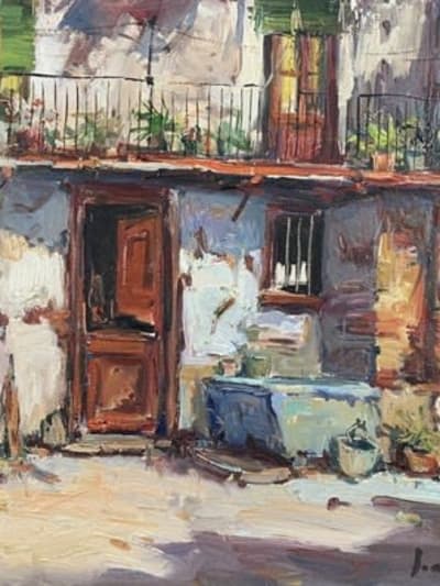Ancien tableau impressionniste cour de maison et jardin en Espagne Joan Soler