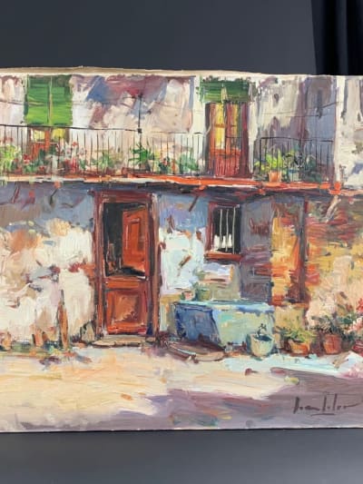 Ancien tableau impressionniste cour de maison et jardin en Espagne Joan Soler