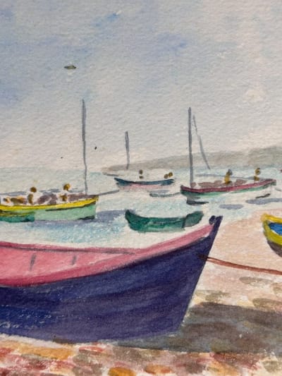 Ancienne aquarelle Gabrielle Bellocq vers 1960 bateaux port Bretagne Normandie