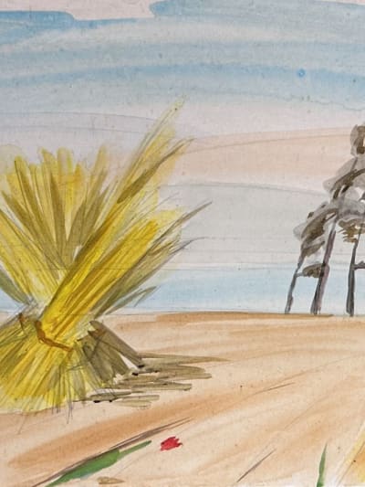 Ancienne aquarelle Gabrielle Bellocq vers 1960 paysage campagne fagots de foin