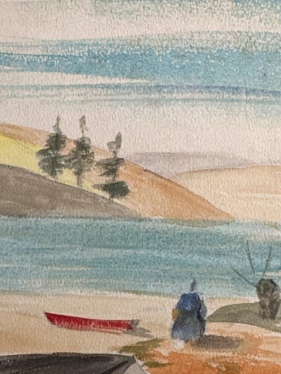 Anciennes aquarelles Gabrielle Bellocq vers 1960 paysage de campagne et Bretonne