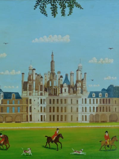 Tableau ancien naïf Daniel Ferrara vue du château de Chambord 15 P galerie XXe