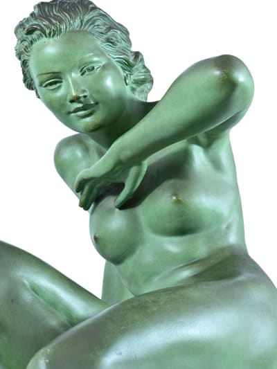 Grande statue art déco portrait de jeune femme nue Merval sv Le Verrier 85 cm