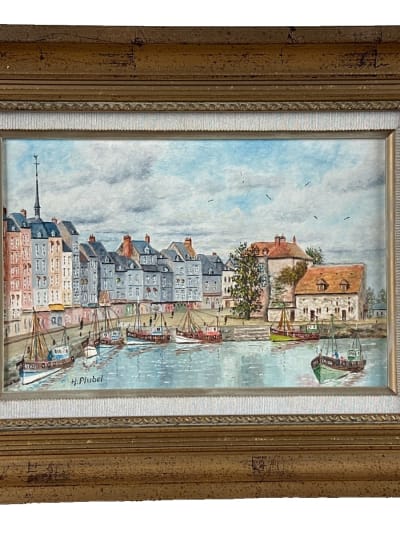 Tableau huile vue du port d'Honfleur Normandie bateaux signé Lebel HST marine