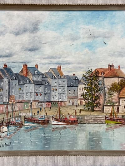 Tableau huile vue du port d'Honfleur Normandie bateaux signé Lebel HST marine