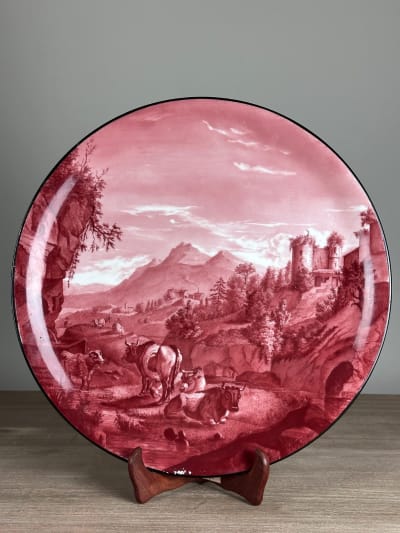 Grand plat ancien porcelaine vache montagne, château ruine Mulhauser Suisse XIXe