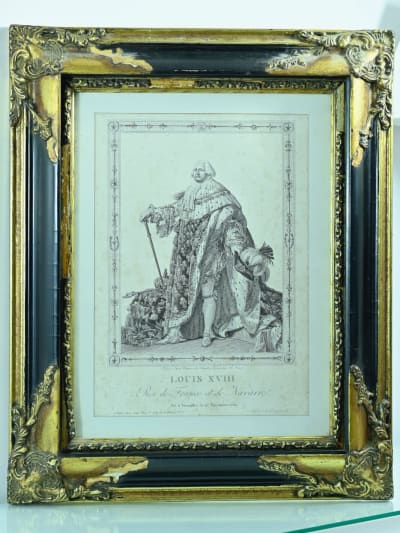 Ancienne gravure royaliste portrait en pied Louis XVIII tenu de sacre Fr. Janet
