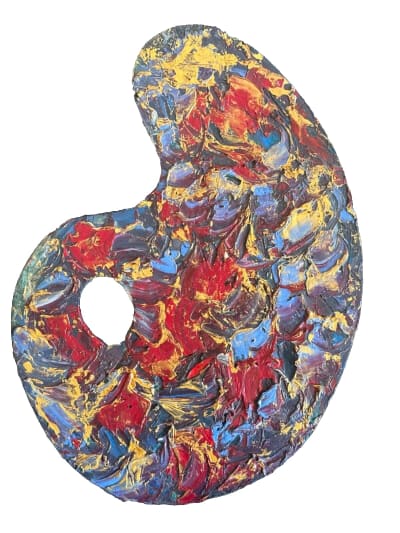 Ancienne palette de peintre peinte signé Albina rouge orange bleu expressionnist