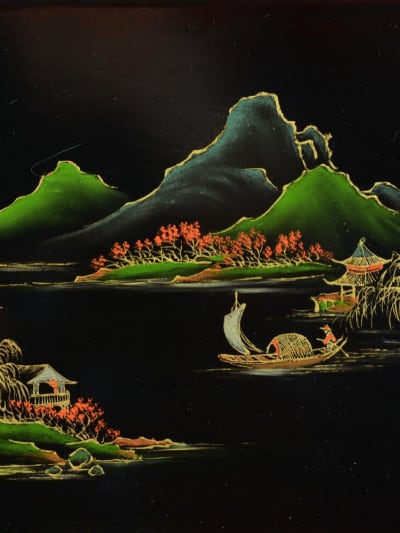 Ancien panneau en laque Viêt Nam Indochine signé Thanh Lê paysage Mékong rare