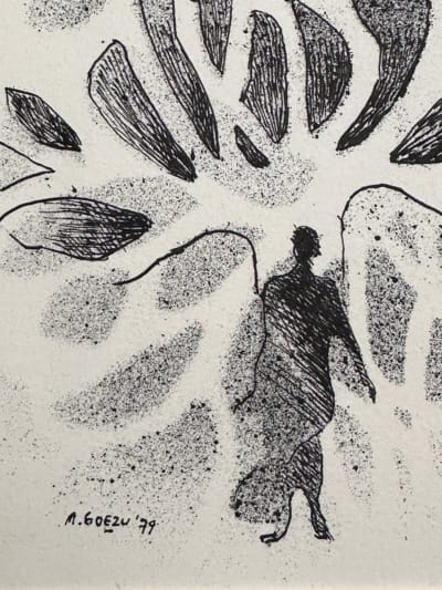 Ancienne gravure 1979 signé André Goezu Homme et oiseaux Judaïca école de Paris