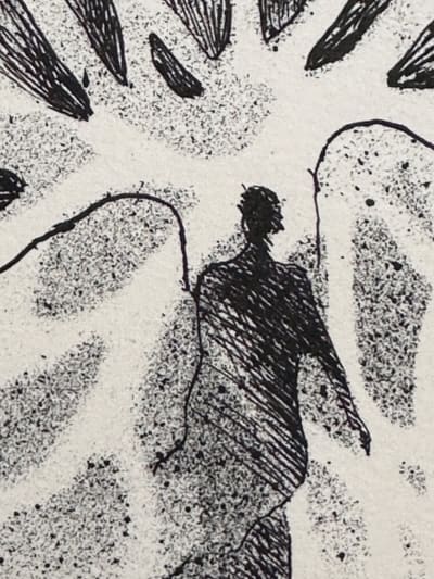 Ancienne gravure 1979 signé André Goezu Homme et oiseaux Judaïca école de Paris