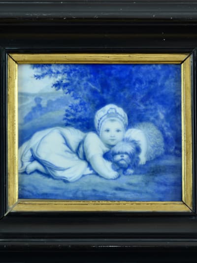 Tableau ancien porcelaine Reynolds princesse Sophie Mathilde de Gloucester chien