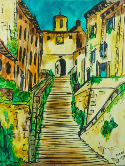 Beau tableau moderne vue de Cordes-sur-Ciel signé Hubert Hujac Toulouse 1972