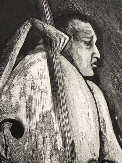 Gravure moderne portrait de musicien contre basse archet signé Oudin Xylon EA