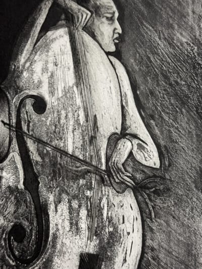 Gravure moderne portrait de musicien contre basse archet signé Oudin Xylon EA