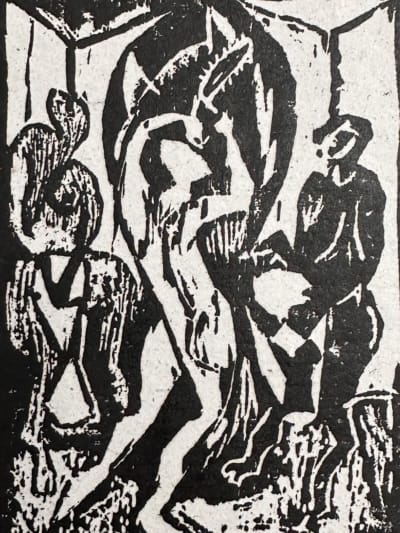 Gravure moderne portrait bois gravé scène musique signé Oudin Xylon EA