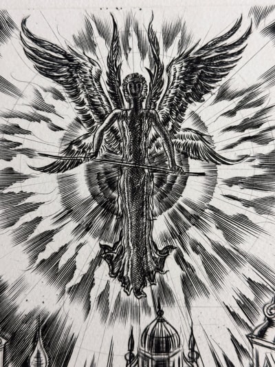 Grande gravure moderne Albert Decaris Ange rayonnant protégeant la cité