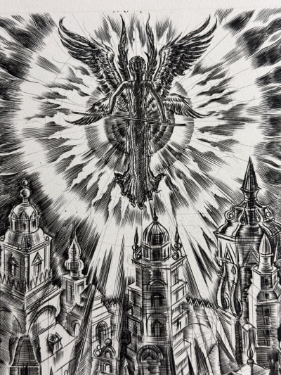 Grande gravure moderne Albert Decaris Ange rayonnant protégeant la cité