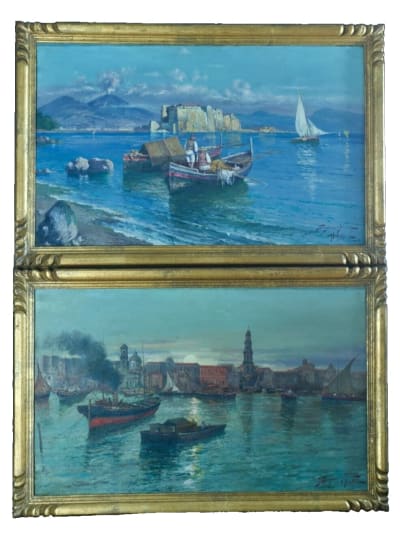 Beau tableau ancien marine Naples bateaux Castel dell'Ovo Vésuve Scognamiglio x2