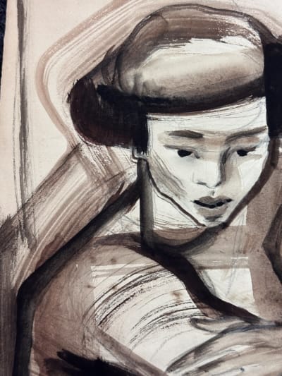 Ancien dessin George Csató portrait jeune femme asiatique Viêt Nam 1950 signé