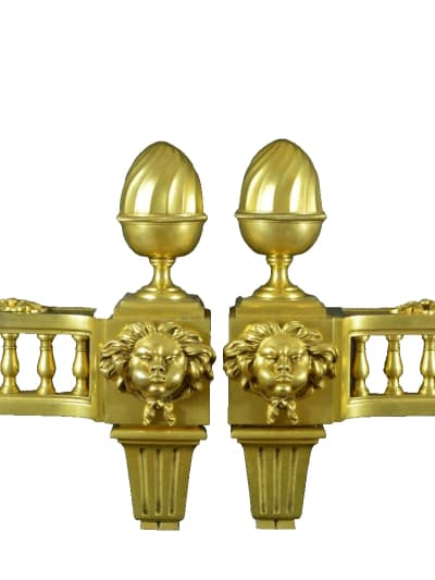 Ancien chenet feu Louis XVI bronze doré tête de Borée vent Zéphir grec R. Osmond