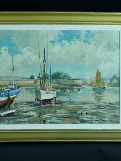 Léo Pernes ancien tableau art déco marine Bretagne le port de Concarneau HST
