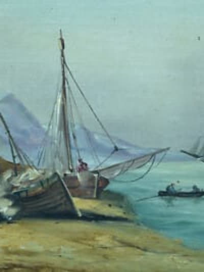 Tableau ancien HST marine paysage animé retour de pêche Bretagne signé J Vallet